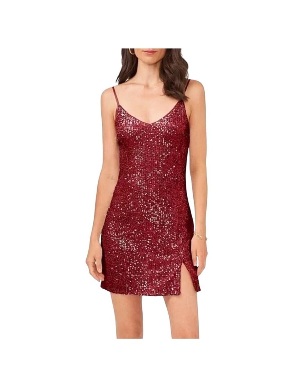 Red Sequin Mini Dress Womens Size 14 By 1.State Adjustable Straps Polyester Blen